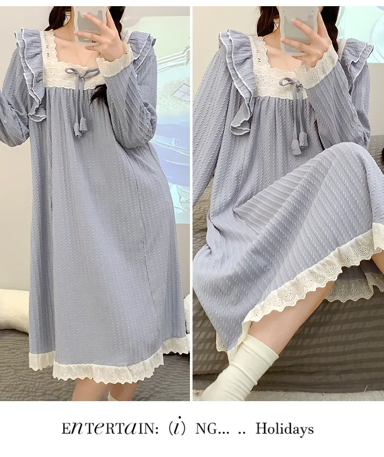 6535 Jacquard Pajamas Women Autumn with Chest Pad Princess Style Long Sleeve Lace Mid-Length Nightdress Plus Size Homewear · Wholesale · OEM · Worldwide Shipping - Detail 7