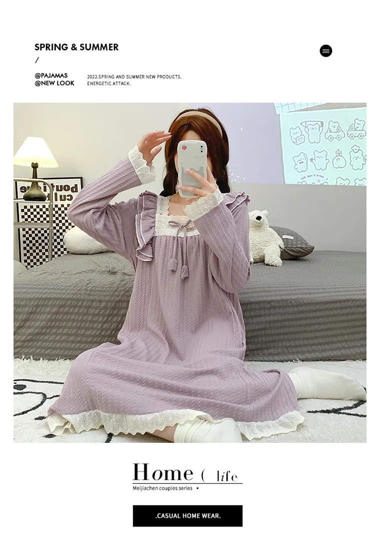 6535 Jacquard Pajamas Women Autumn with Chest Pad Princess Style Long Sleeve Lace Mid-Length Nightdress Plus Size Homewear · Wholesale · OEM · Worldwide Shipping - Detail 17