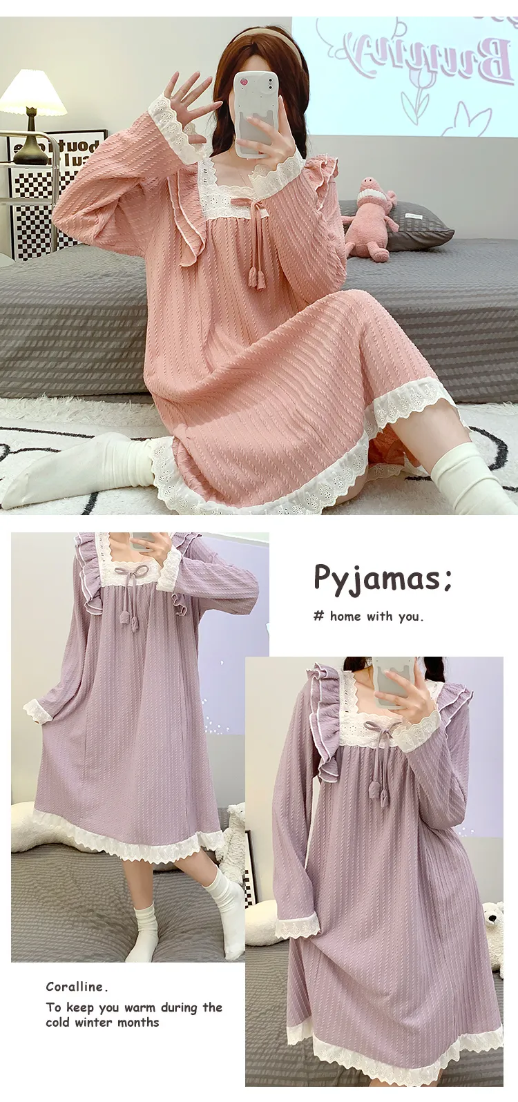 6535 Jacquard Pajamas Women Autumn with Chest Pad Princess Style Long Sleeve Lace Mid-Length Nightdress Plus Size Homewear · Wholesale · OEM · Worldwide Shipping - Detail 16