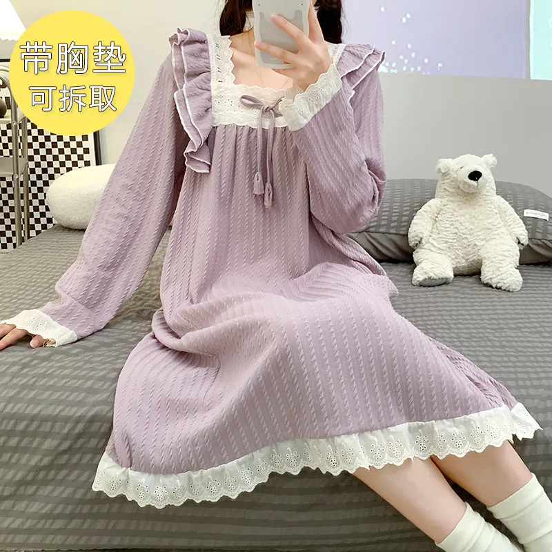 6535 Jacquard Pajamas Women Autumn with Chest Pad Princess Style Long Sleeve Lace Mid-Length Nightdress Plus Size Homewear · Wholesale · OEM · Worldwide Shipping - View 1