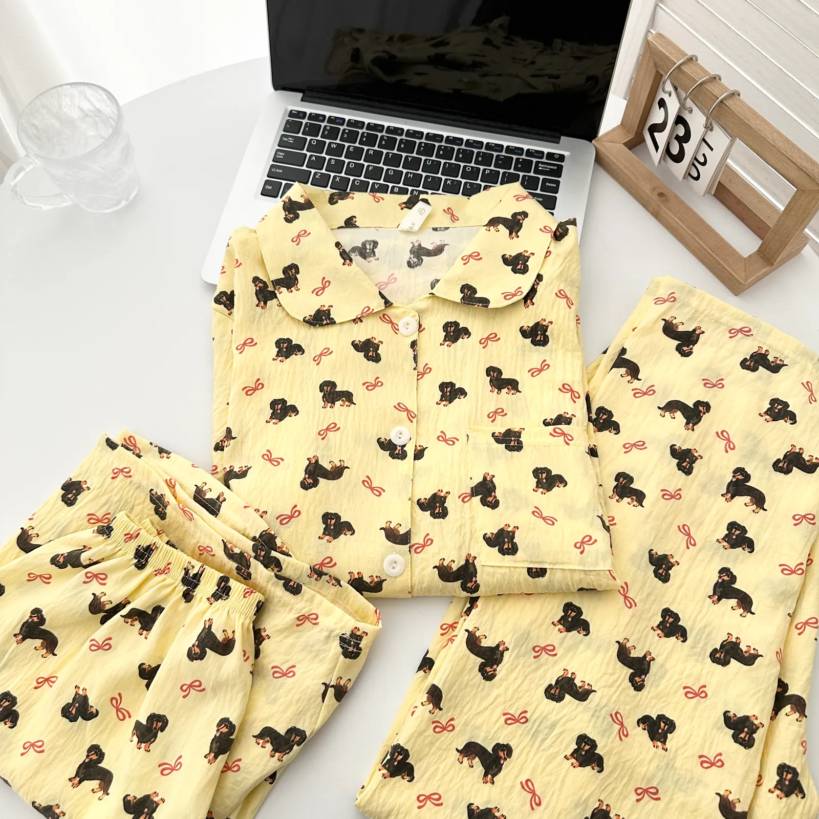 Cloud Cotton Three Piece Set # Red Knot Puppy Casual Pajamas Summer Hot Short Sleeve Premium Homewear Set · Wholesale · OEM · Worldwide Shipping - Detail 2