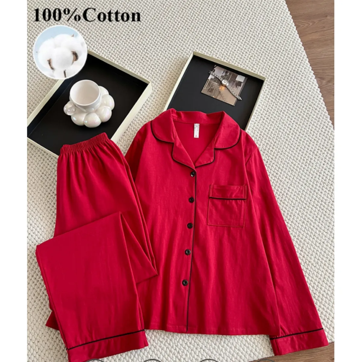 170g 100% Pure Cotton Women's Pajama Set, Long Sleeve Top and Long Pants, Spring/Summer Loungewear, US/EU Sizes · Wholesale · OEM · Worldwide Shipping - View 2