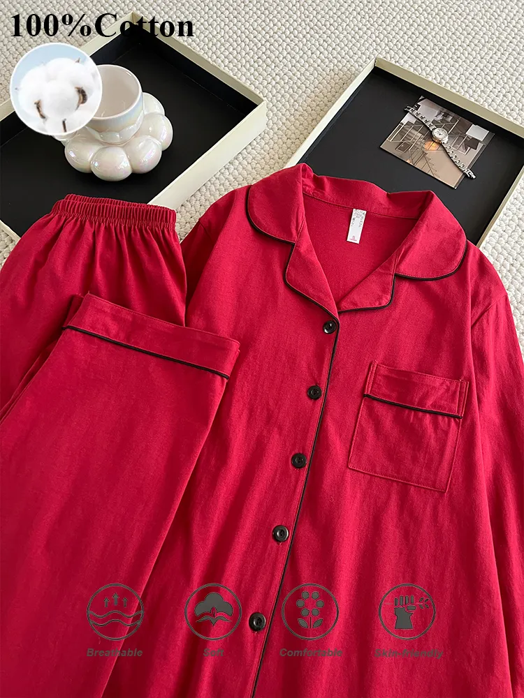 170g 100% Pure Cotton Women's Pajama Set, Long Sleeve Top and Long Pants, Spring/Summer Loungewear, US/EU Sizes · Wholesale · OEM · Worldwide Shipping - Detail 5