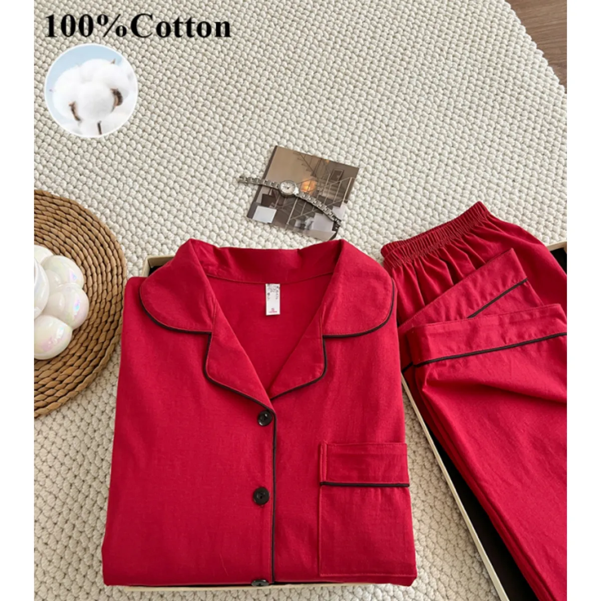 170g 100% Pure Cotton Women's Pajama Set, Long Sleeve Top and Long Pants, Spring/Summer Loungewear, US/EU Sizes · Wholesale · OEM · Worldwide Shipping