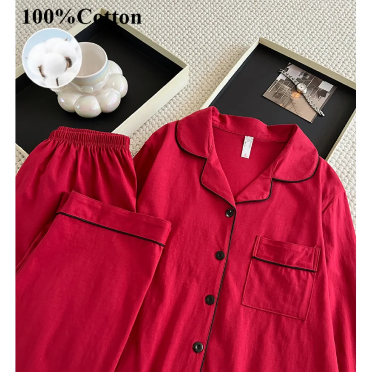 170g 100% Pure Cotton Women's Pajama Set, Long Sleeve Top and Long Pants, Spring/Summer Loungewear, US/EU Sizes · Wholesale · OEM · Worldwide Shipping - View 1