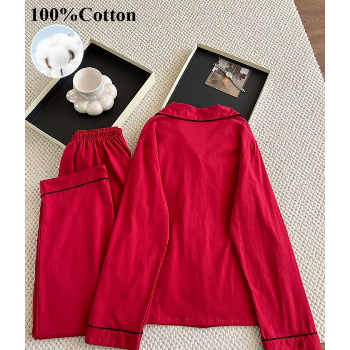 170g 100% Pure Cotton Women's Pajama Set, Long Sleeve Top and Long Pants, Spring/Summer Loungewear, US/EU Sizes · Wholesale · OEM · Worldwide Shipping - View 3