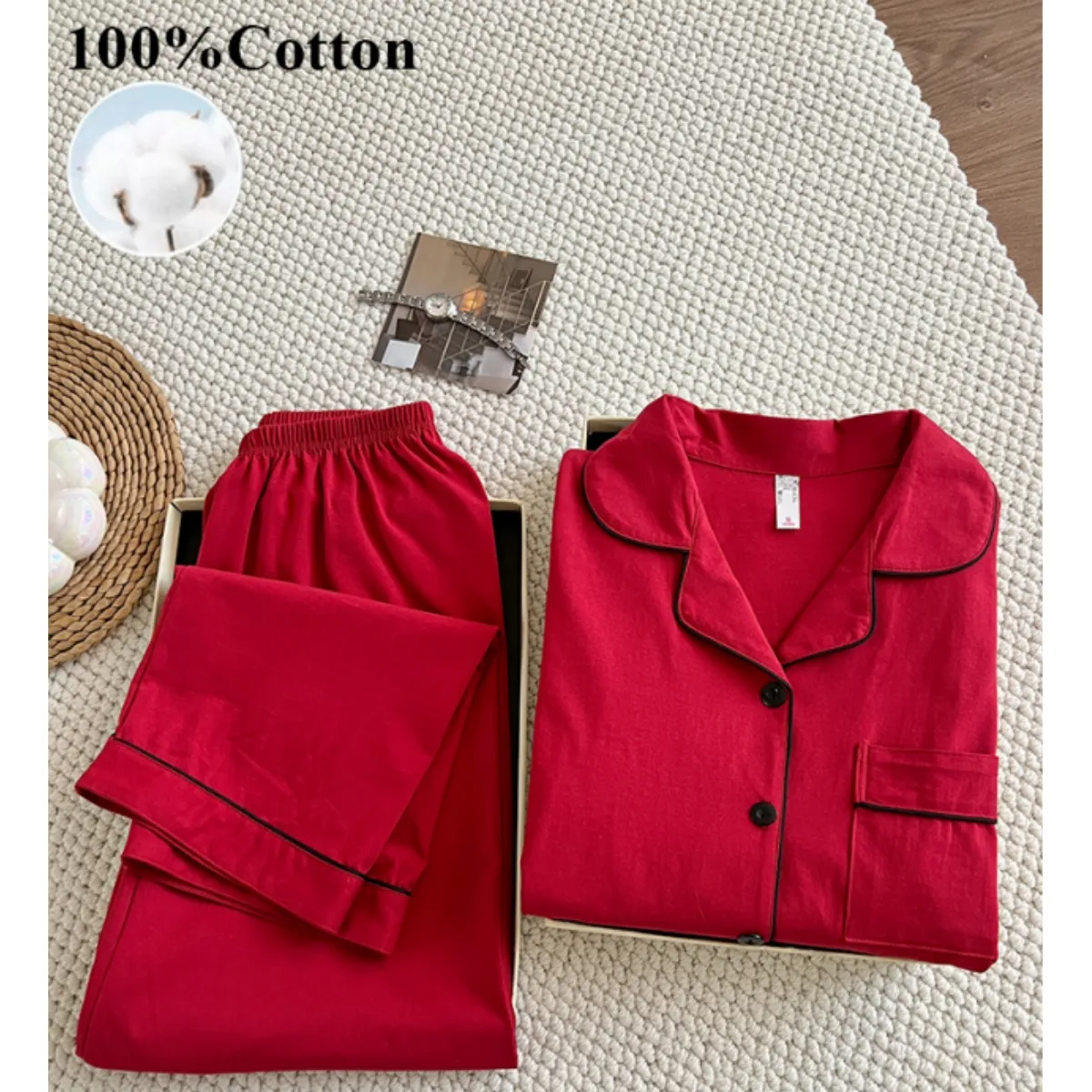 170g 100% Pure Cotton Women's Pajama Set, Long Sleeve Top and Long Pants, Spring/Summer Loungewear, US/EU Sizes · Wholesale · OEM · Worldwide Shipping - View 4