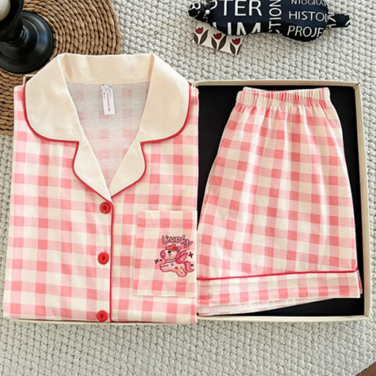 Western-Style Girls' 100% Cotton Thin Pajama Set, Pink Plaid with Little Horse Print, Short Sleeve and Shorts, Comfortable Loungewear · Wholesale · OEM · Worldwide Shipping