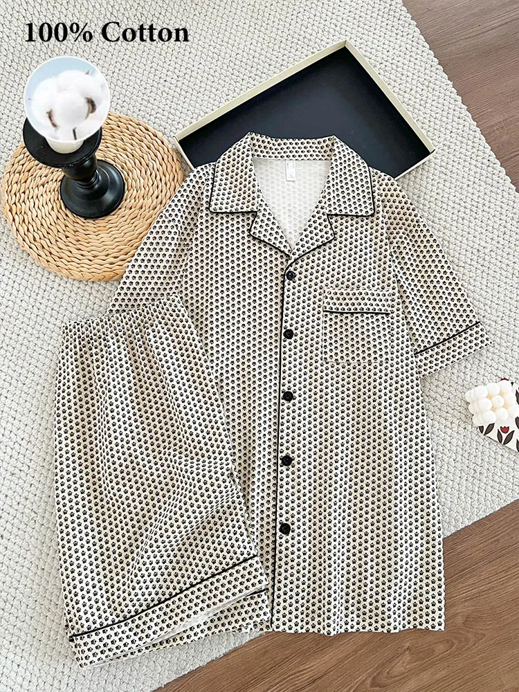 Cross-Border Europe & US Men's All-Over Print Pure Cotton Pajama Set, Short Sleeve and Shorts, Loose Breathable Wearable-Outside Summer Loungewear · Wholesale · OEM · Worldwide Shipping - Detail 9