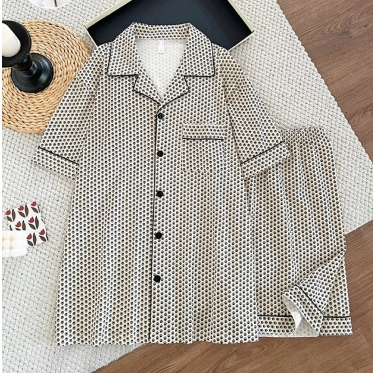 Cross-Border Europe & US Men's All-Over Print Pure Cotton Pajama Set, Short Sleeve and Shorts, Loose Breathable Wearable-Outside Summer Loungewear · Wholesale · OEM · Worldwide Shipping - View 1