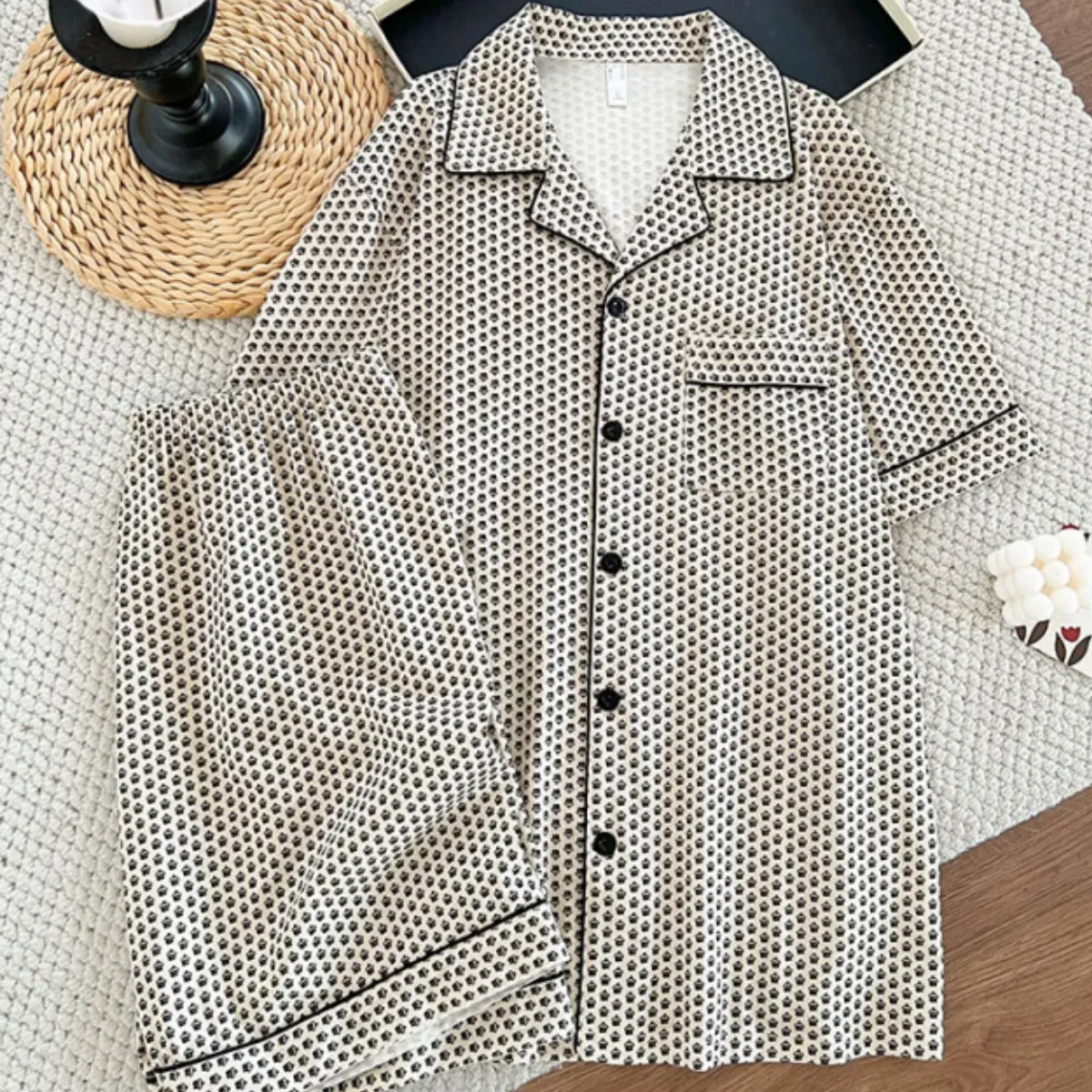 Cross-Border Europe & US Men's All-Over Print Pure Cotton Pajama Set, Short Sleeve and Shorts, Loose Breathable Wearable-Outside Summer Loungewear · Wholesale · OEM · Worldwide Shipping - View 3