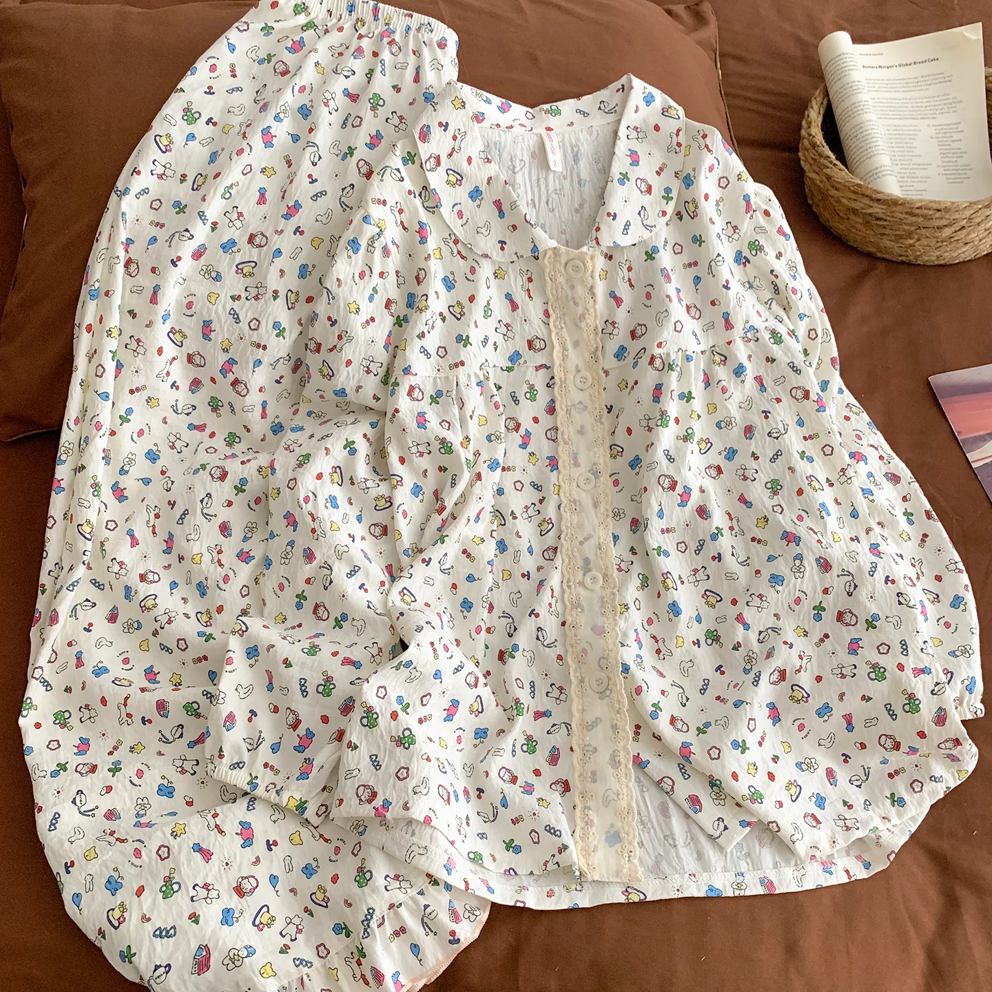 Cartoon Cute Pajamas Women Spring Autumn Cardigan Long Sleeve Long Pants Lace Cloud Cotton Student Loungewear Set · Wholesale · OEM · Worldwide Shipping