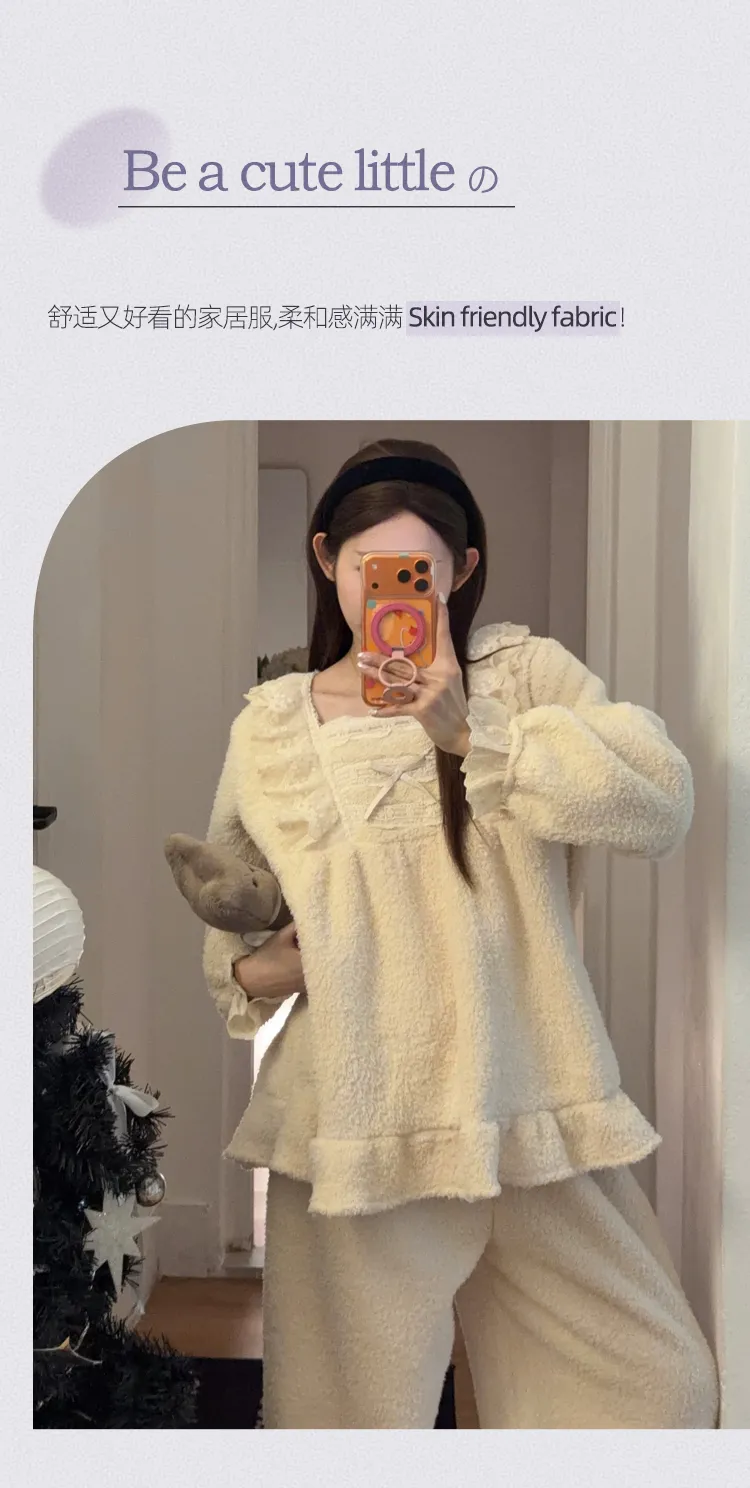 Orange Heart Piyama Musim Dingin Model Baru Bahan Fleece Bertekstur Tebal untuk Wanita Gaya Putri Manis Set Dua Potong Pakaian Rumah · Grosir · OEM · Pengiriman Global - Detail 4