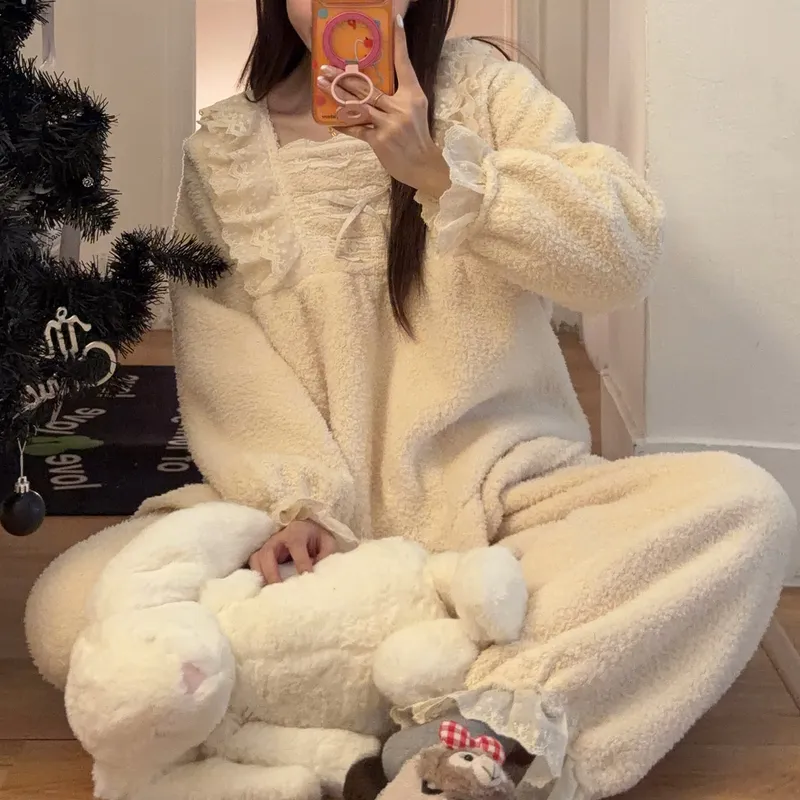 Orange Heart Piyama Musim Dingin Model Baru Bahan Fleece Bertekstur Tebal untuk Wanita Gaya Putri Manis Set Dua Potong Pakaian Rumah · Grosir · OEM · Pengiriman Global
