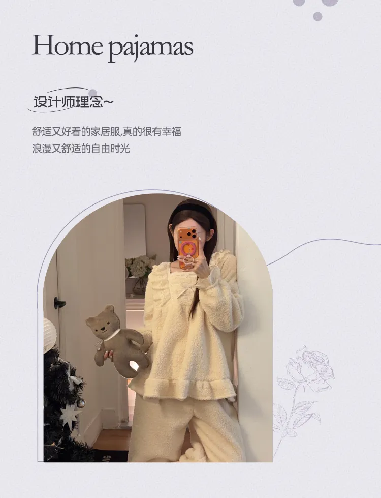 Orange Heart Piyama Musim Dingin Model Baru Bahan Fleece Bertekstur Tebal untuk Wanita Gaya Putri Manis Set Dua Potong Pakaian Rumah · Grosir · OEM · Pengiriman Global - Detail 3