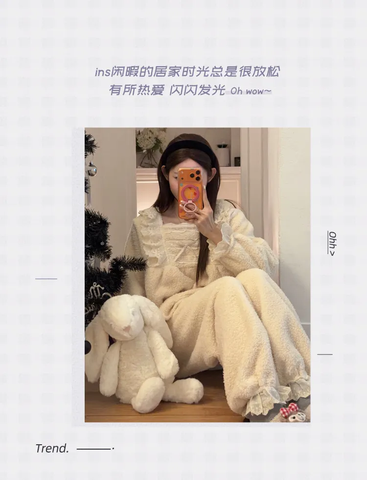 Orange Heart Piyama Musim Dingin Model Baru Bahan Fleece Bertekstur Tebal untuk Wanita Gaya Putri Manis Set Dua Potong Pakaian Rumah · Grosir · OEM · Pengiriman Global - Detail 5