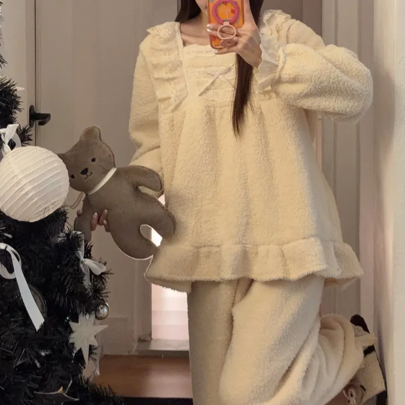 Orange Heart Piyama Musim Dingin Model Baru Bahan Fleece Bertekstur Tebal untuk Wanita Gaya Putri Manis Set Dua Potong Pakaian Rumah · Grosir · OEM · Pengiriman Global - View 3