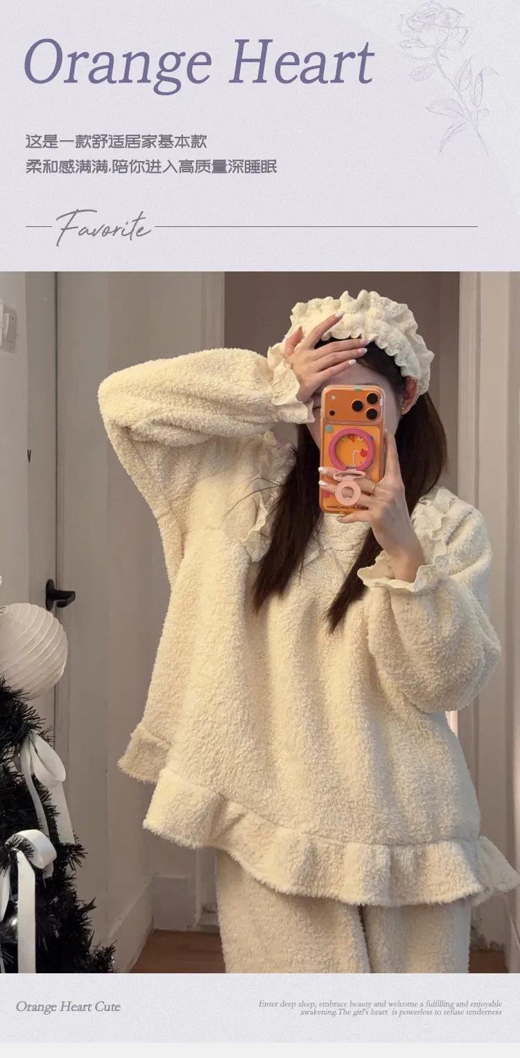 Orange Heart Piyama Musim Dingin Model Baru Bahan Fleece Bertekstur Tebal untuk Wanita Gaya Putri Manis Set Dua Potong Pakaian Rumah · Grosir · OEM · Pengiriman Global - Detail 8