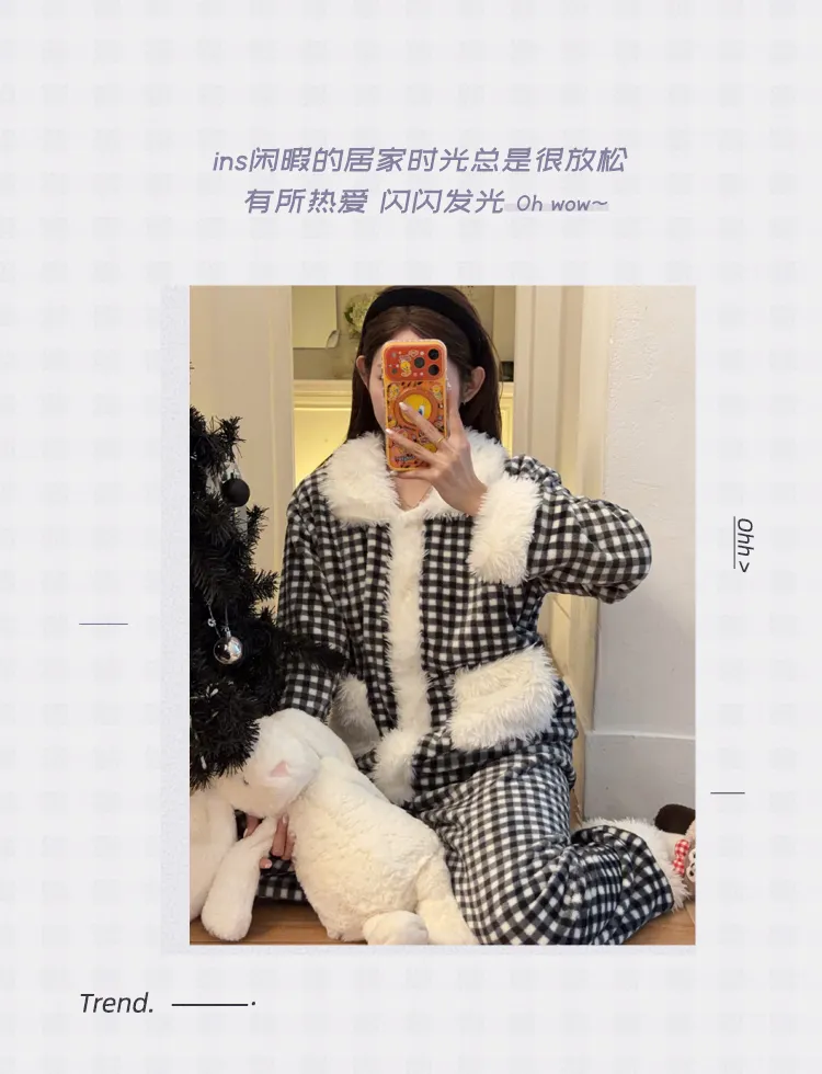 오렌지 하트 겨울 신상 플란넬 보송보송 파자마 여성용 편안하고 따뜻한 투피스 홈웨어 · 도매 · OEM · 전 세계 배송 - Detail 5