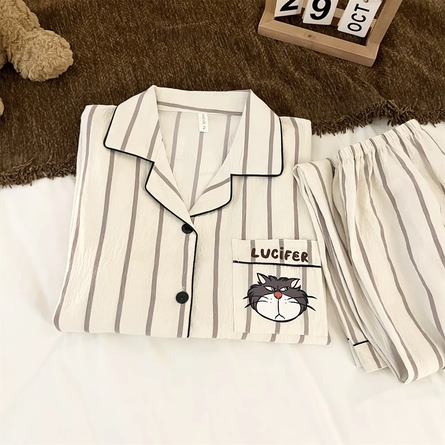 Piyama Pria Cloud Cotton Double Long - Striped Cool Cat Lengan Panjang Wanita Musim Semi Musim Gugur Set Pakaian Rumah Mewah · Grosir · OEM · Pengiriman Global - Detail 4