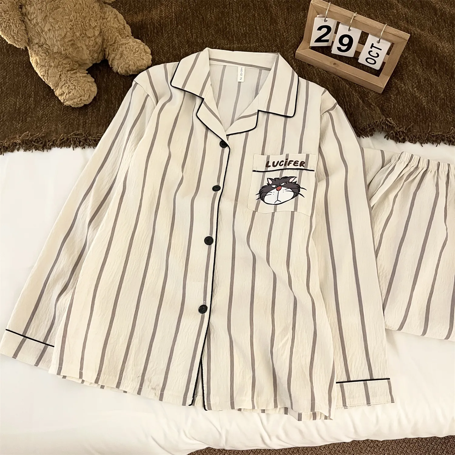 Piyama Pria Cloud Cotton Double Long - Striped Cool Cat Lengan Panjang Wanita Musim Semi Musim Gugur Set Pakaian Rumah Mewah · Grosir · OEM · Pengiriman Global - Detail 3