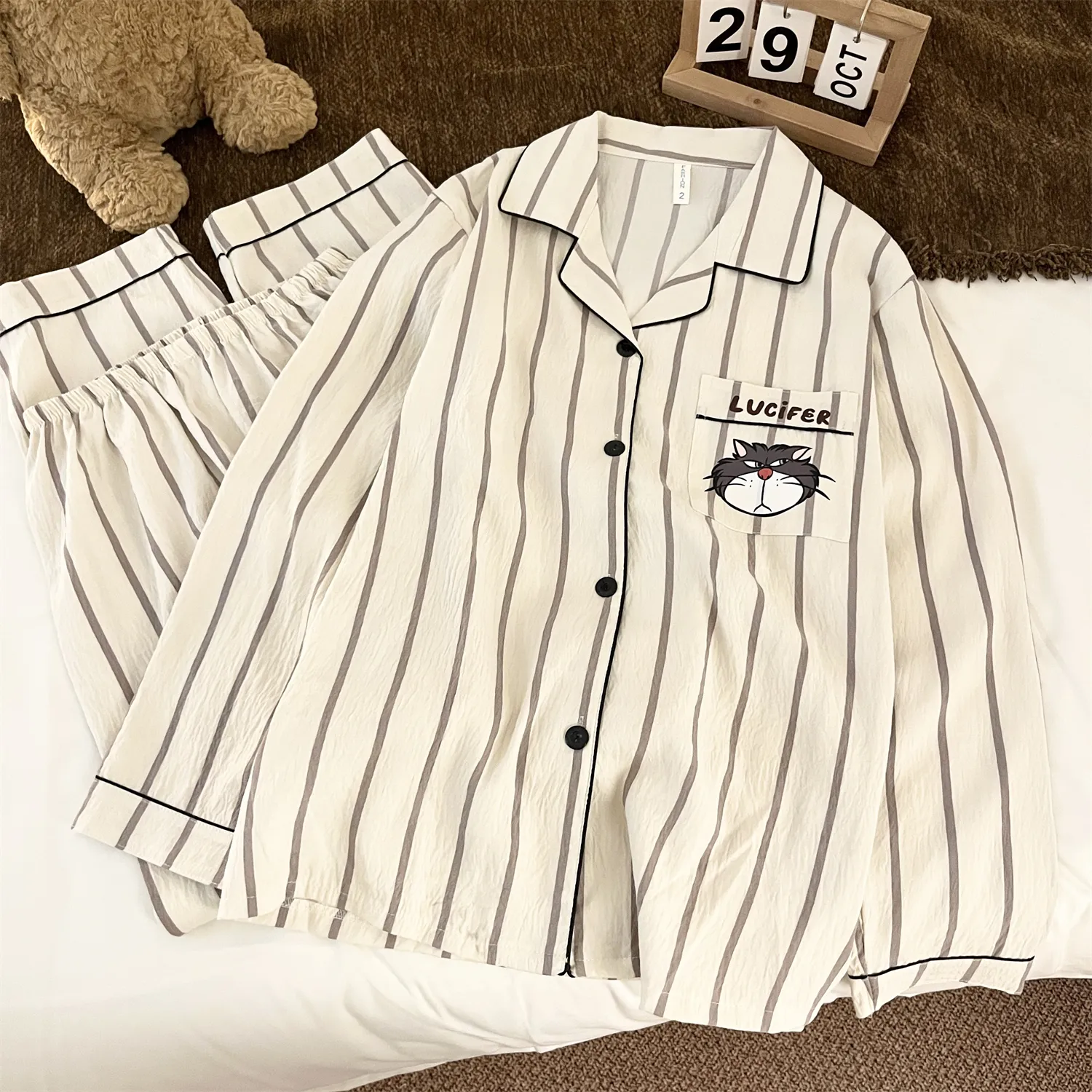 Piyama Pria Cloud Cotton Double Long - Striped Cool Cat Lengan Panjang Wanita Musim Semi Musim Gugur Set Pakaian Rumah Mewah · Grosir · OEM · Pengiriman Global - Detail 5