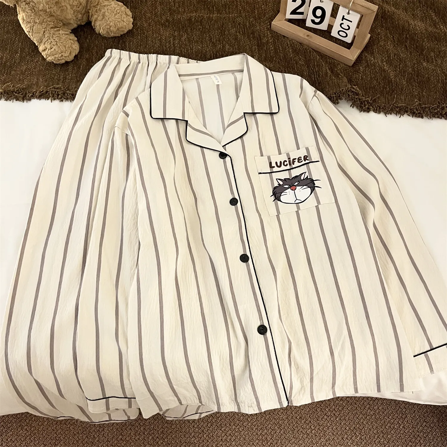 Piyama Pria Cloud Cotton Double Long - Striped Cool Cat Lengan Panjang Wanita Musim Semi Musim Gugur Set Pakaian Rumah Mewah · Grosir · OEM · Pengiriman Global - Detail 7