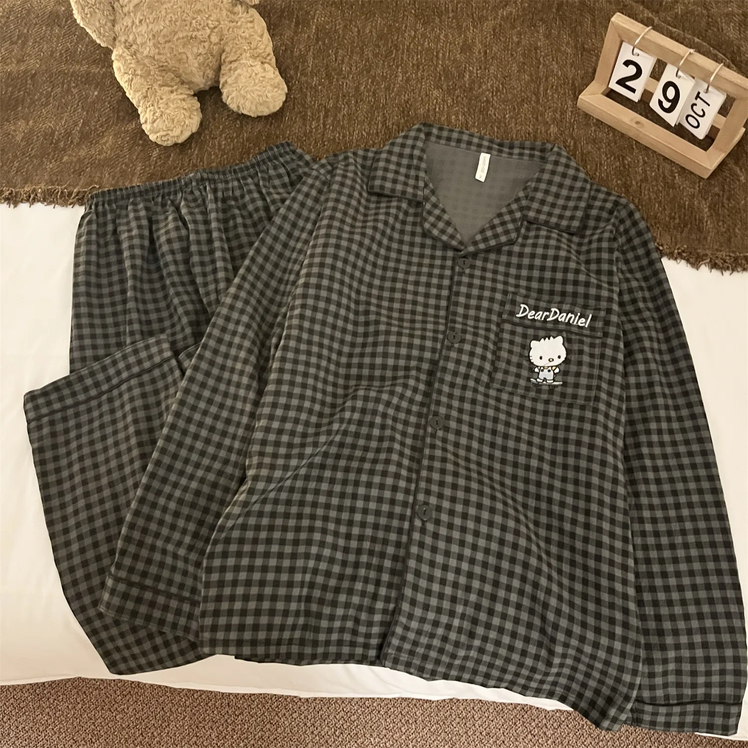 Piyama Pria Cloud Cotton Double Long ＃Black Grid Daniel Piyama Pria Musim Semi Musim Gugur Lengan Panjang Set Pakaian Rumah Mewah · Grosir · OEM · Pengiriman Global - View 1