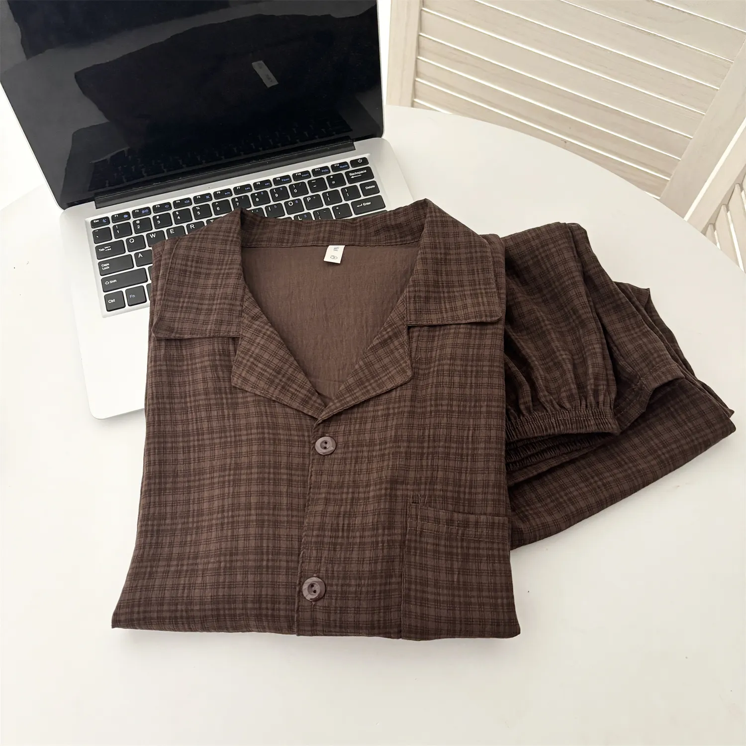 メンズ クラウドコットン ダブルロング＃ダークブラウンチェック パジャマ レディース 春秋 長袖 カップル 高級感 ルームウェア セット · 卸売 · OEM · 世界へ発送 - View 4