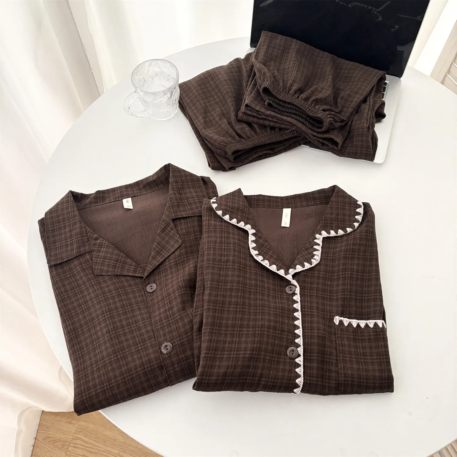 Piyama Pasangan Cloud Cotton Lengan Panjang ＃Kotak Cokelat Tua Wanita Musim Semi Musim Gugur Lengan Panjang Pasangan High-End Set Pakaian Rumah · Grosir · OEM · Pengiriman Global - Detail 4