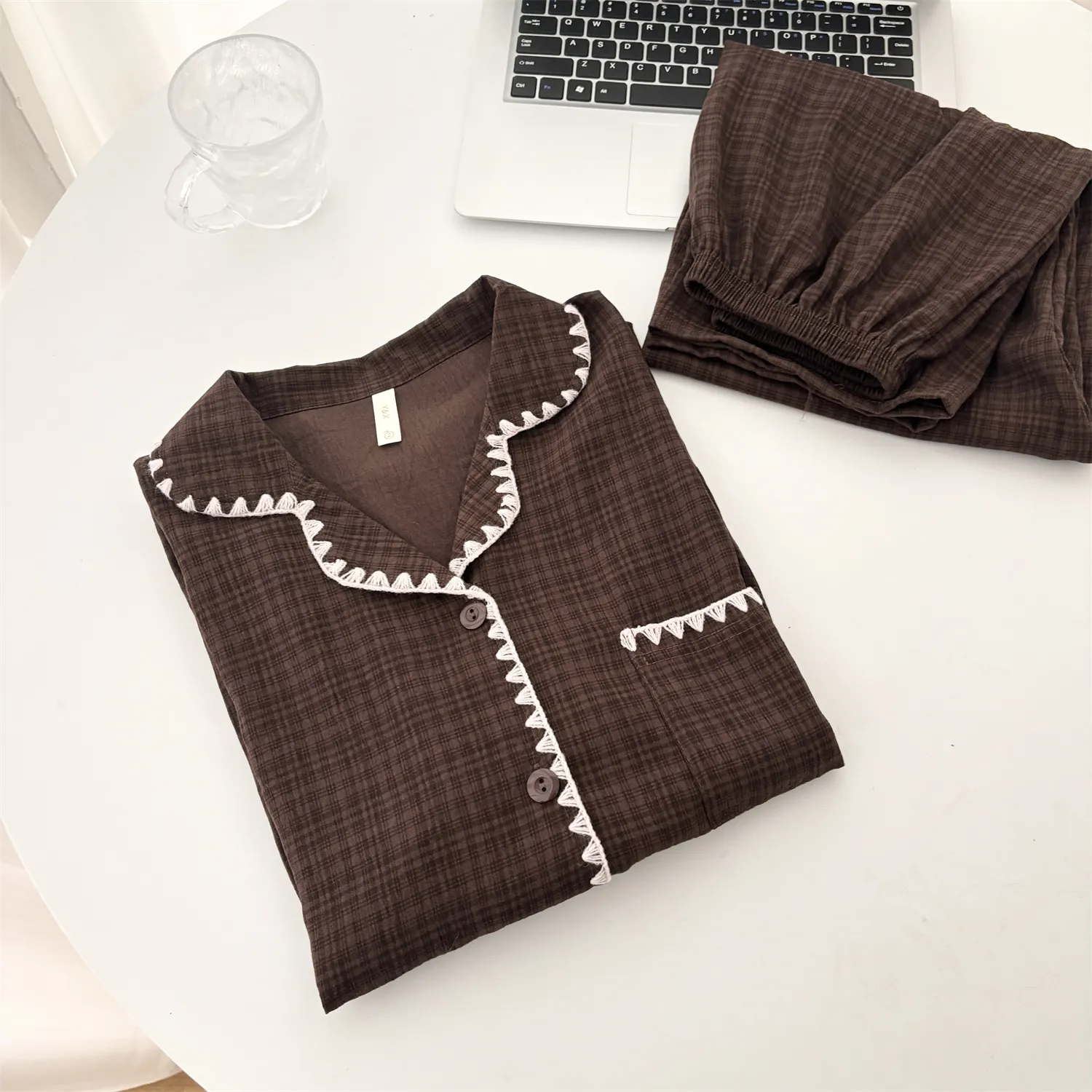 Piyama Pasangan Cloud Cotton Lengan Panjang ＃Kotak Cokelat Tua Wanita Musim Semi Musim Gugur Lengan Panjang Pasangan High-End Set Pakaian Rumah · Grosir · OEM · Pengiriman Global - Detail 14