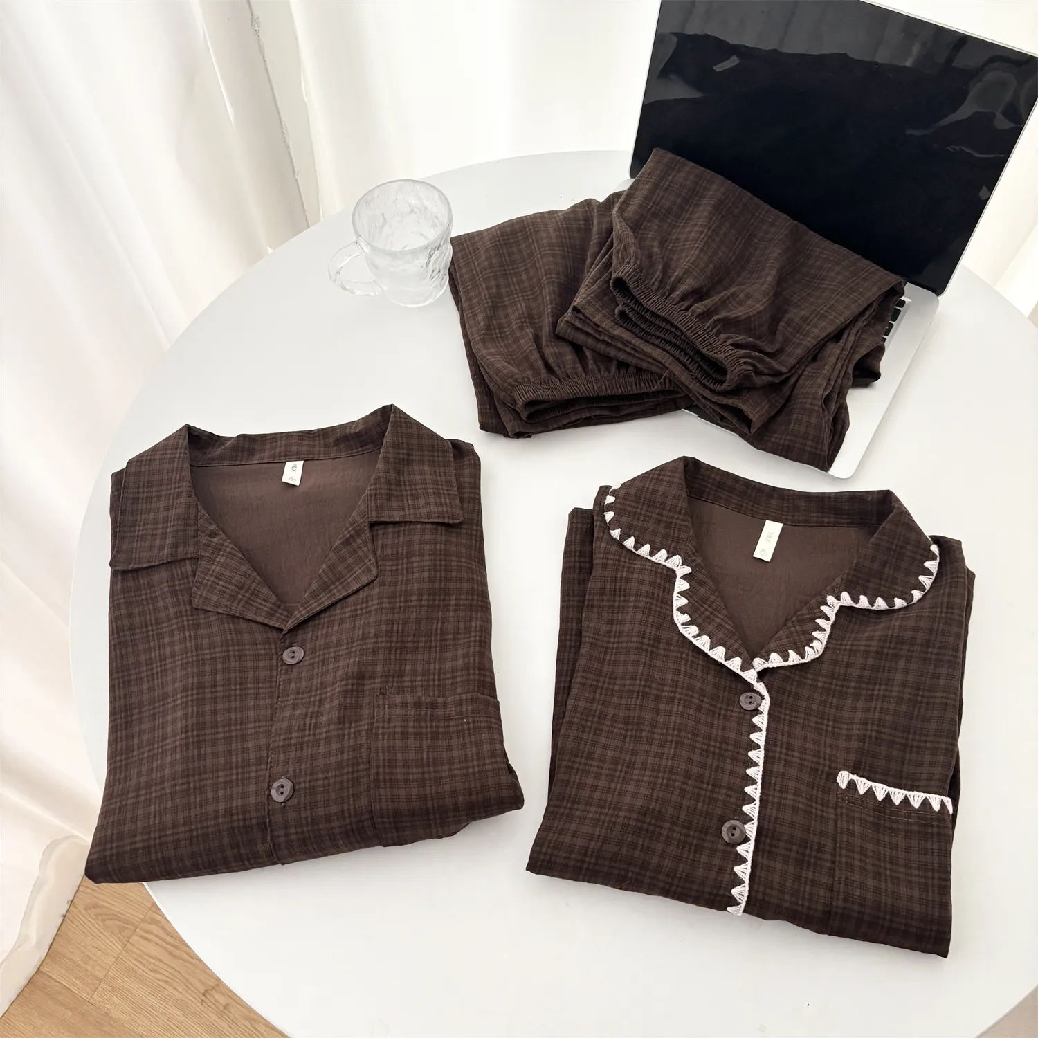 Piyama Pasangan Cloud Cotton Lengan Panjang ＃Kotak Cokelat Tua Wanita Musim Semi Musim Gugur Lengan Panjang Pasangan High-End Set Pakaian Rumah · Grosir · OEM · Pengiriman Global - Detail 6