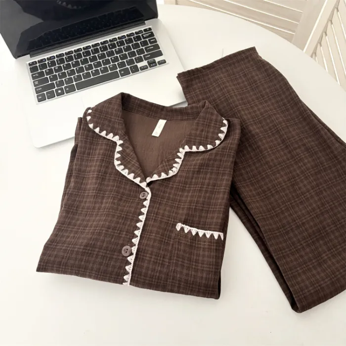 Piyama Pasangan Cloud Cotton Lengan Panjang ＃Kotak Cokelat Tua Wanita Musim Semi Musim Gugur Lengan Panjang Pasangan High-End Set Pakaian Rumah · Grosir · OEM · Pengiriman Global - Detail 2