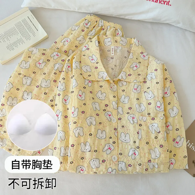 Pyjama femme à motif Miffy jaune crème avec coussinets intégrés, manches longues et pantalon long, ensemble 2 pièces, style doux pour la maison, printemps-automne · Grossiste · OEM · Mondial - Detail 3