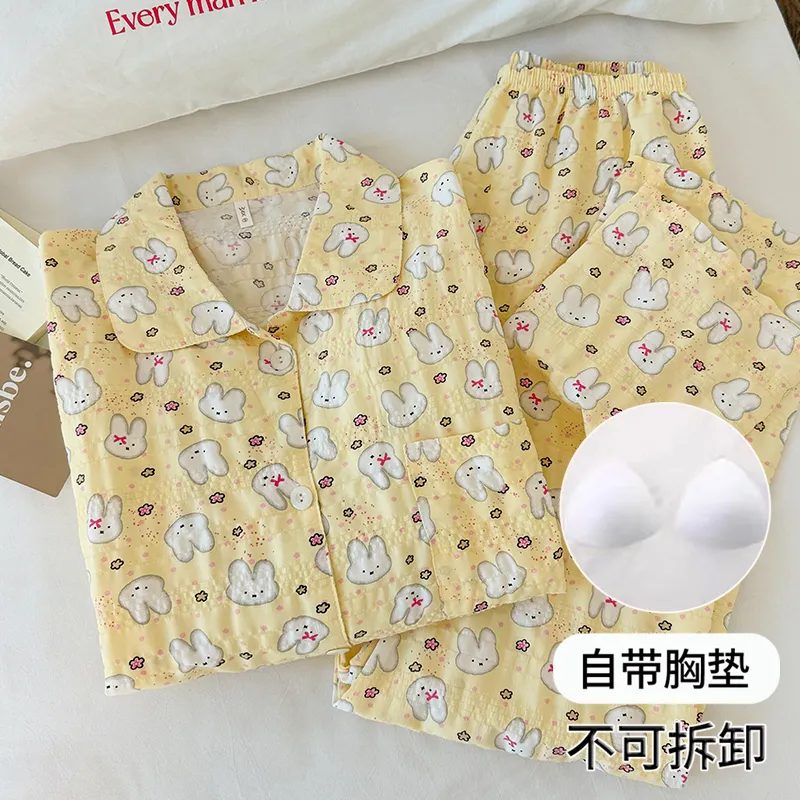 Pyjama femme à motif Miffy jaune crème avec coussinets intégrés, manches longues et pantalon long, ensemble 2 pièces, style doux pour la maison, printemps-automne · Grossiste · OEM · Mondial - Detail 9