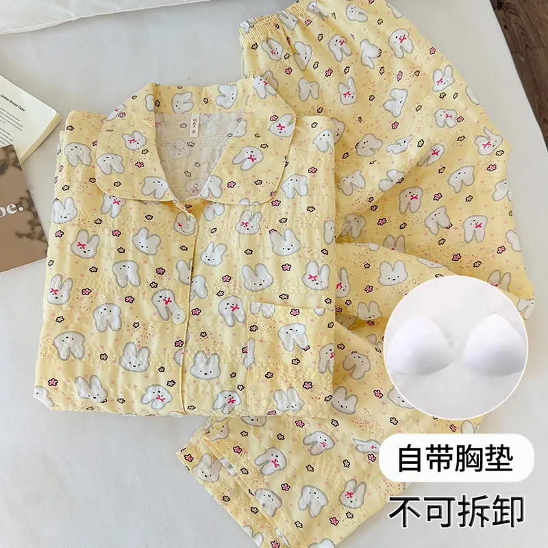 Pyjama femme à motif Miffy jaune crème avec coussinets intégrés, manches longues et pantalon long, ensemble 2 pièces, style doux pour la maison, printemps-automne · Grossiste · OEM · Mondial - Detail 7