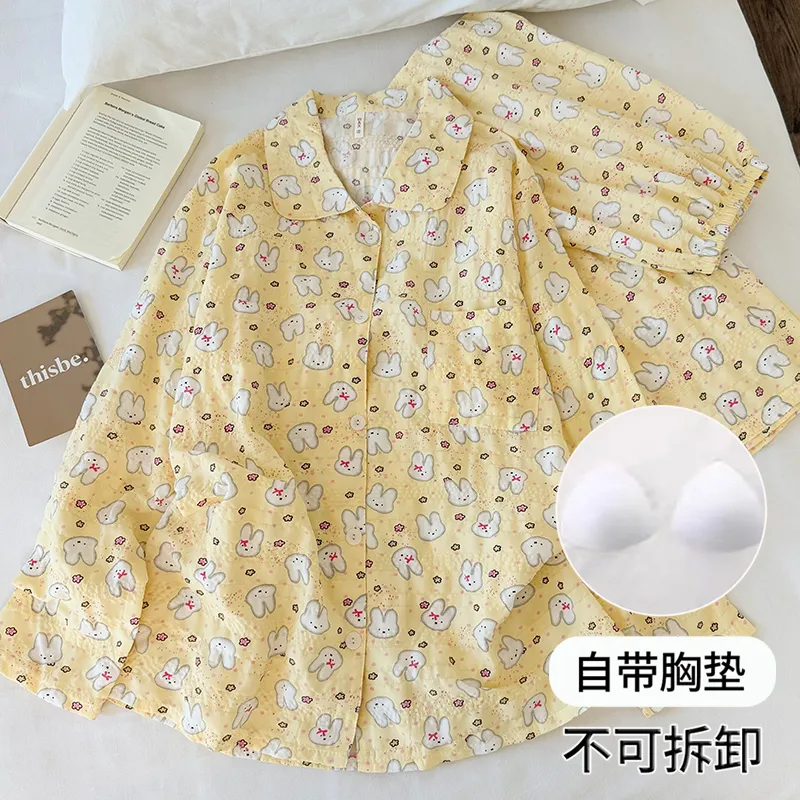 Pyjama femme à motif Miffy jaune crème avec coussinets intégrés, manches longues et pantalon long, ensemble 2 pièces, style doux pour la maison, printemps-automne · Grossiste · OEM · Mondial - Detail 8
