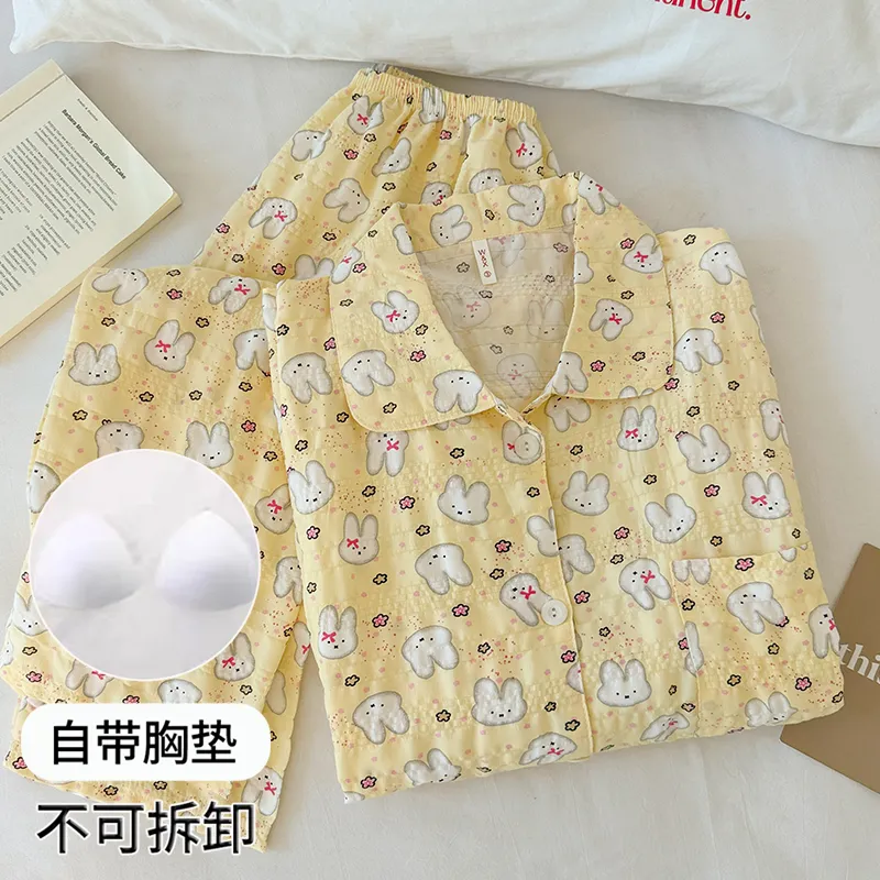 Pyjama femme à motif Miffy jaune crème avec coussinets intégrés, manches longues et pantalon long, ensemble 2 pièces, style doux pour la maison, printemps-automne · Grossiste · OEM · Mondial - View 3