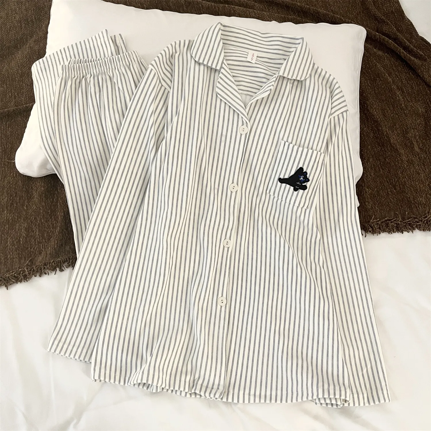Pyjama couple en velours de laine Dralon - motif chat qui fait le grand écart, nouvelle collection printemps-automne, adorable, portable à l'extérieur, style sweet, ensemble de loungewear · Grossiste · OEM · Mondial - Detail 12