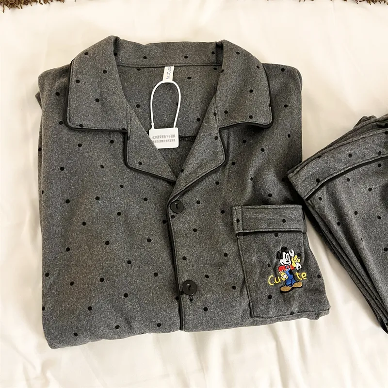 Men's German Velvet - Gray Polka Dot Mickey Couple Spring Autumn New Cute Wearable Outside Sweet Style Loungewear Set · Wholesale · OEM · Worldwide Shipping - View 3
