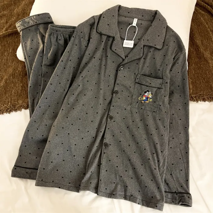 Men's German Velvet - Gray Polka Dot Mickey Couple Spring Autumn New Cute Wearable Outside Sweet Style Loungewear Set · Wholesale · OEM · Worldwide Shipping - Detail 1