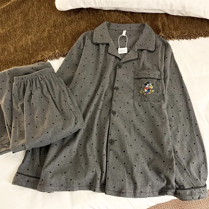 Men's German Velvet - Gray Polka Dot Mickey Couple Spring Autumn New Cute Wearable Outside Sweet Style Loungewear Set · Wholesale · OEM · Worldwide Shipping - View 2