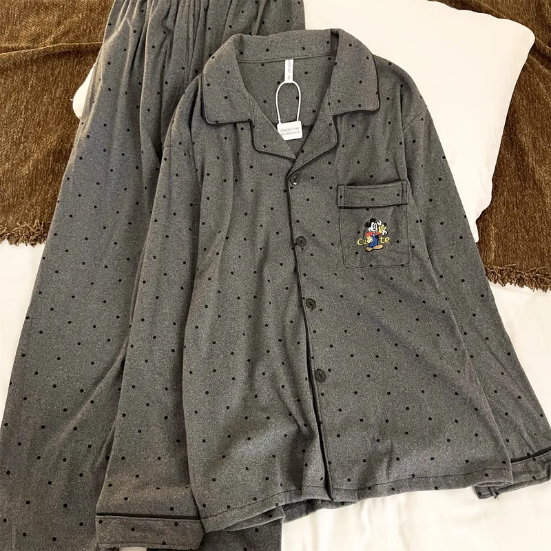 Men's German Velvet - Gray Polka Dot Mickey Couple Spring Autumn New Cute Wearable Outside Sweet Style Loungewear Set · Wholesale · OEM · Worldwide Shipping - View 1