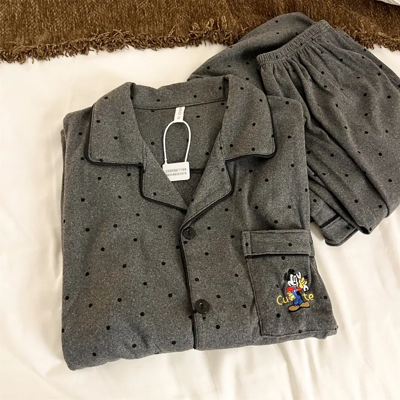 Men's German Velvet - Gray Polka Dot Mickey Couple Spring Autumn New Cute Wearable Outside Sweet Style Loungewear Set · Wholesale · OEM · Worldwide Shipping - View 4