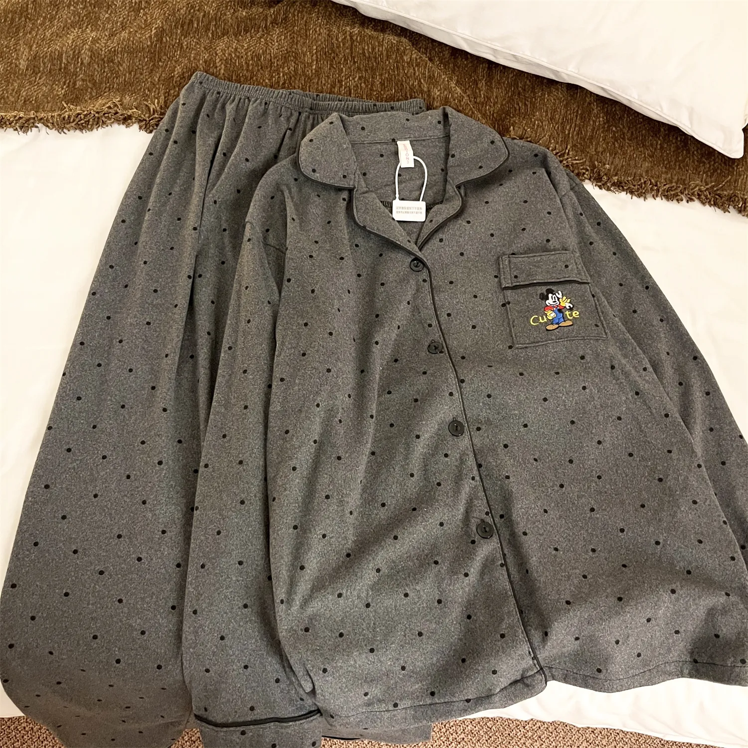 Women's German Velvet - Gray Polka Dot Mickey Couple Spring Autumn New Cute Wearable Outside Sweet Style Loungewear Set · Wholesale · OEM · Worldwide Shipping - Detail 3