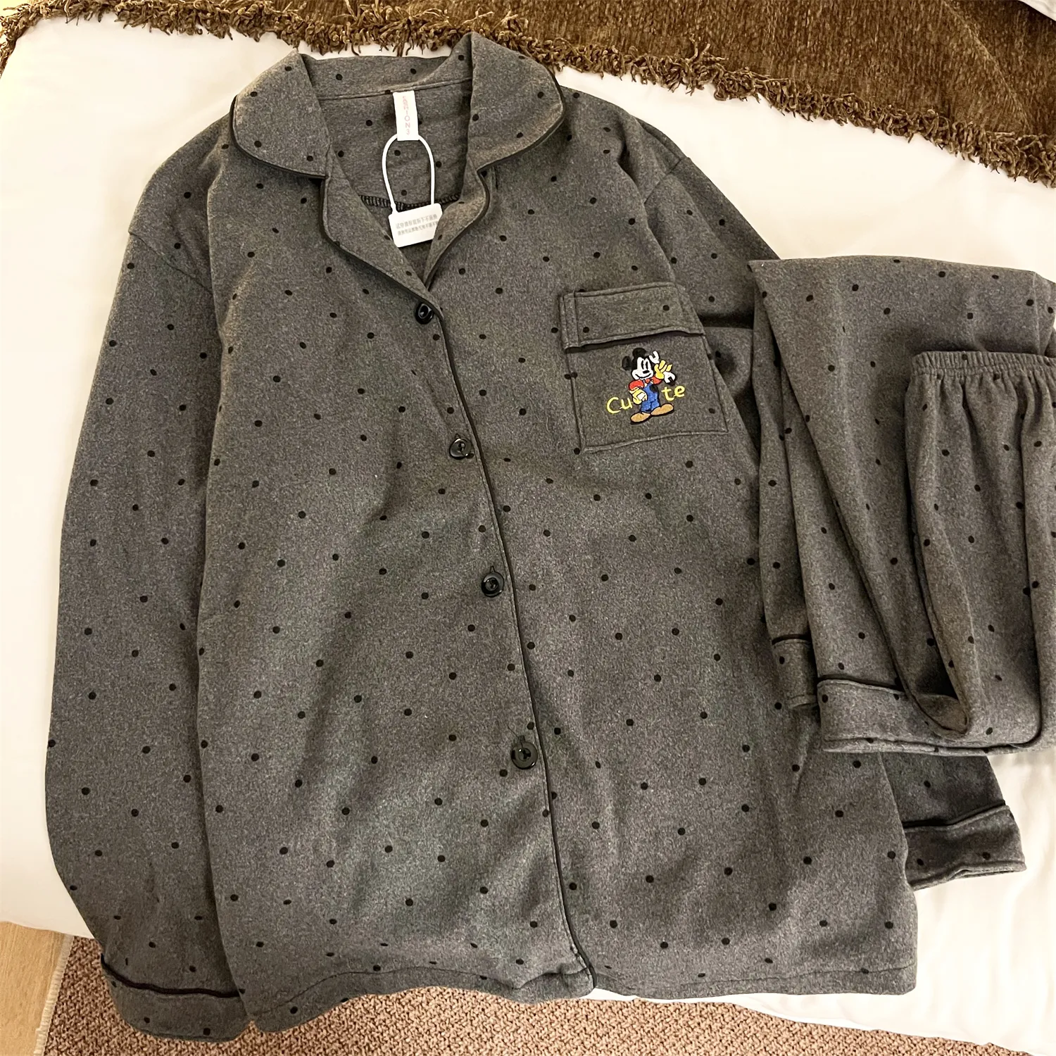 Women's German Velvet - Gray Polka Dot Mickey Couple Spring Autumn New Cute Wearable Outside Sweet Style Loungewear Set · Wholesale · OEM · Worldwide Shipping - Detail 5