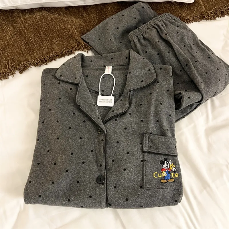 Women's German Velvet - Gray Polka Dot Mickey Couple Spring Autumn New Cute Wearable Outside Sweet Style Loungewear Set · Wholesale · OEM · Worldwide Shipping - View 2