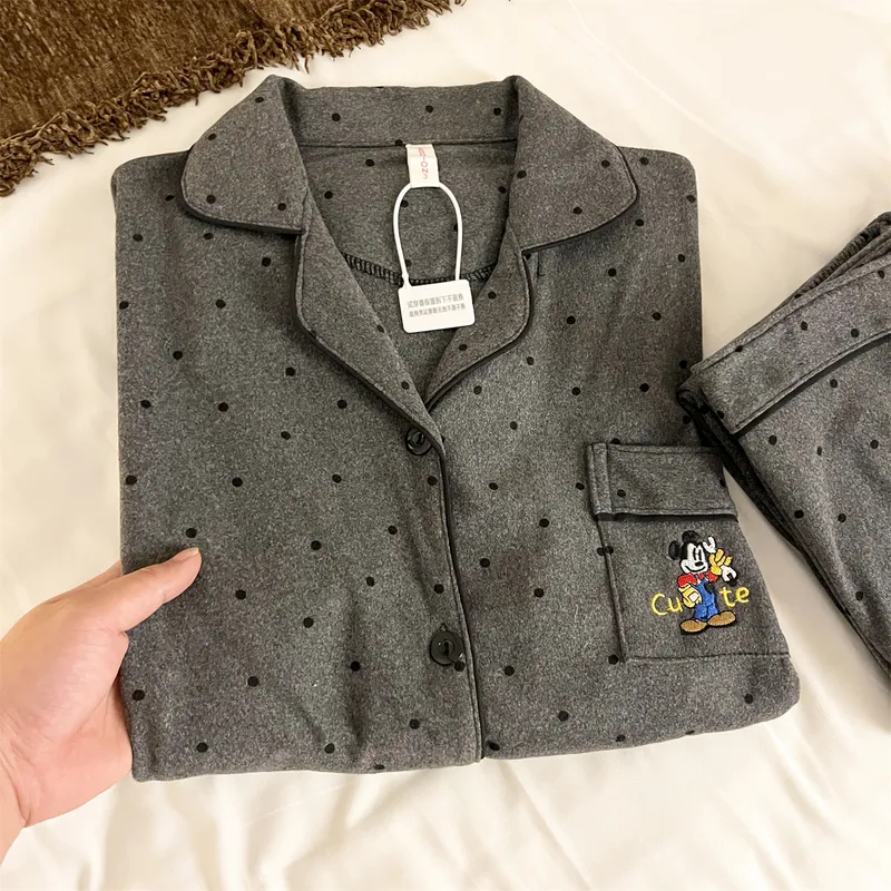 Women's German Velvet - Gray Polka Dot Mickey Couple Spring Autumn New Cute Wearable Outside Sweet Style Loungewear Set · Wholesale · OEM · Worldwide Shipping - View 3