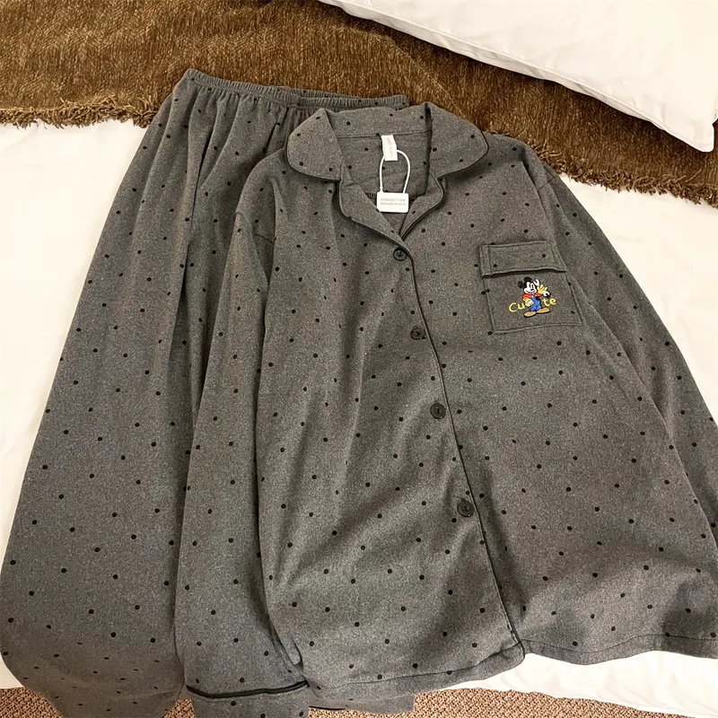 Women's German Velvet - Gray Polka Dot Mickey Couple Spring Autumn New Cute Wearable Outside Sweet Style Loungewear Set · Wholesale · OEM · Worldwide Shipping - View 4