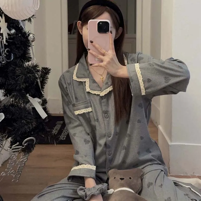 Orange Heart Sweet Lace Pajamas Women Winter Warm Thickened German Velvet Loose Loungewear with Free Hair Tie · Wholesale · OEM · Worldwide Shipping - Detail 1